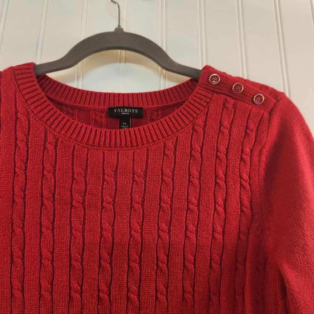 Talbots Women's Vibrant Red Cable Knit Sweater Size L Petite Classic Preppy Chic